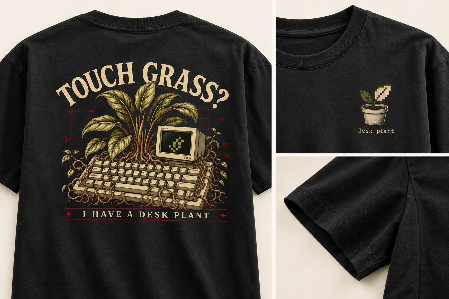 Touch Grass? garment, collar and fabric detail mockups