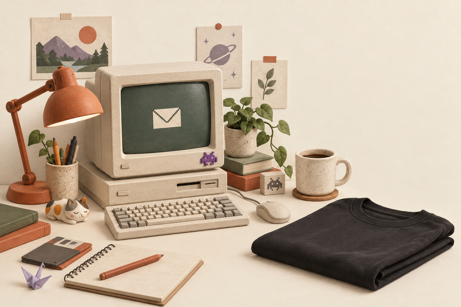 Illustration of a retro computer with a message on its screen