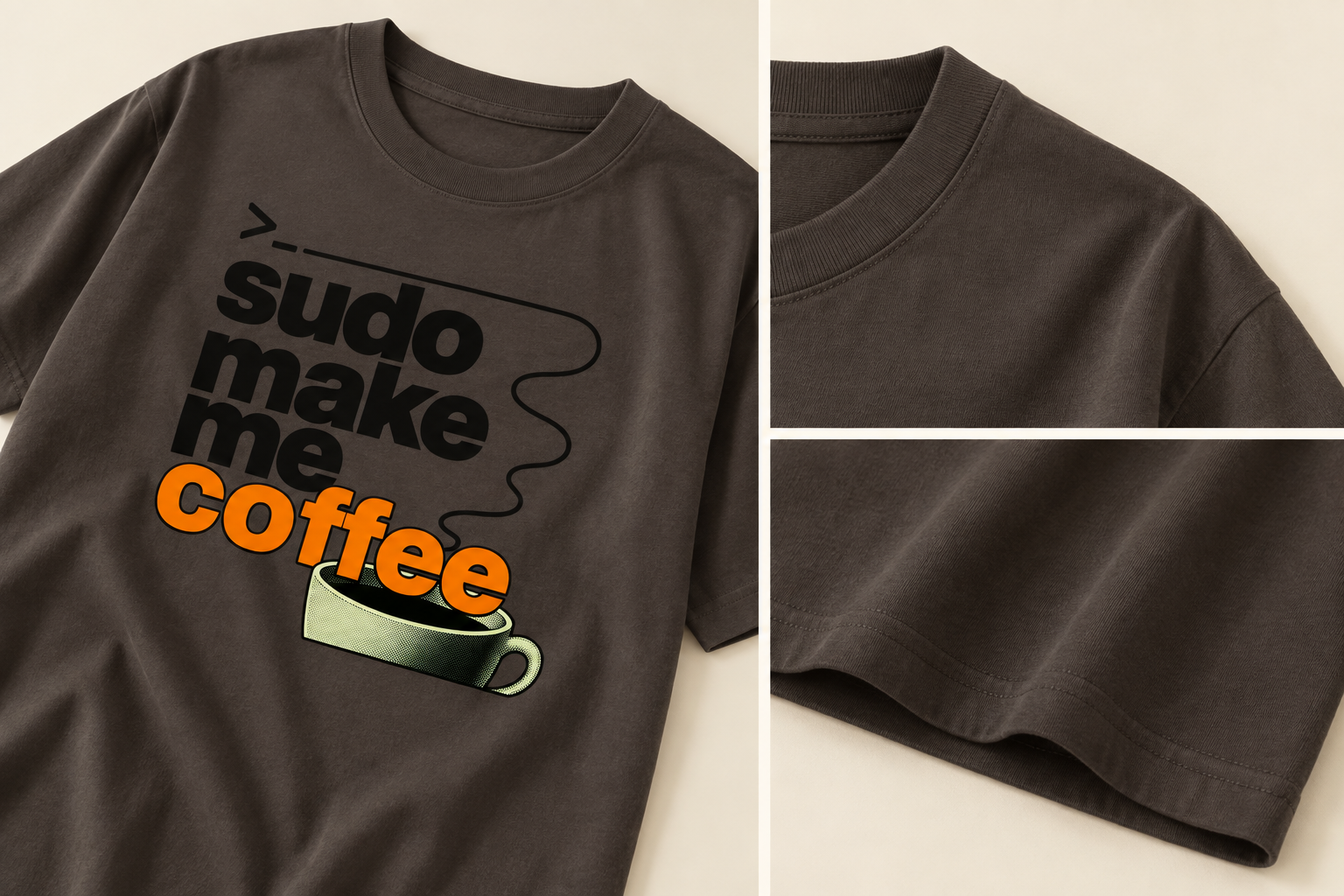 sudo make me coffee garment, collar and fabric detail mockups