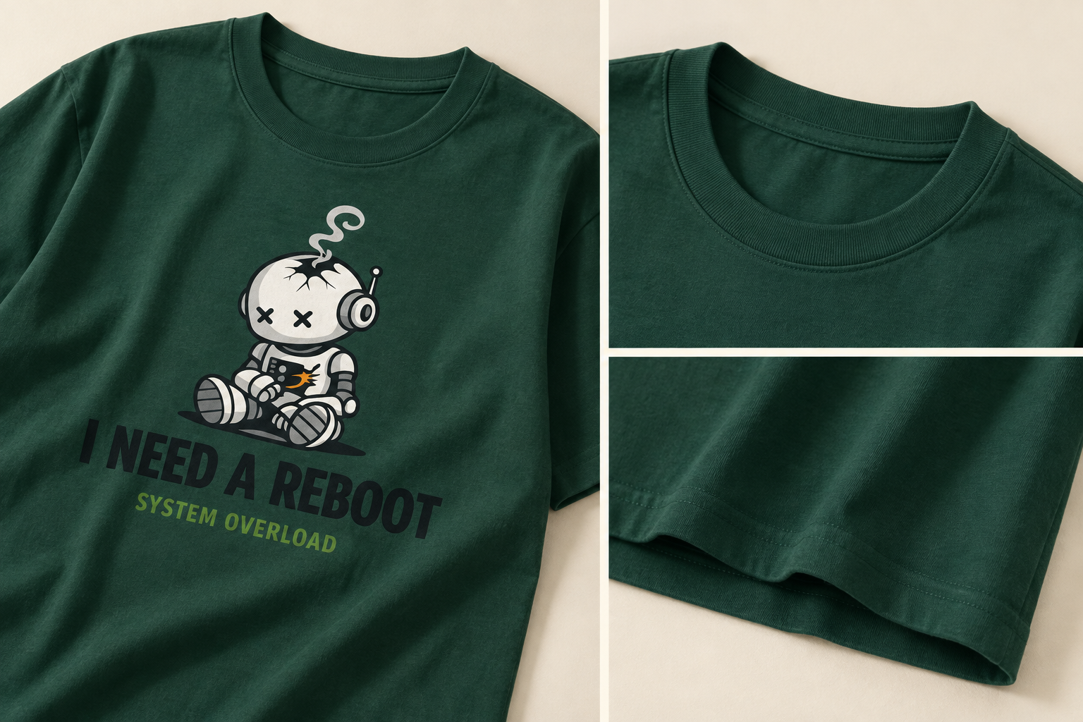 I Need a Reboot garment, collar and fabric detail mockups