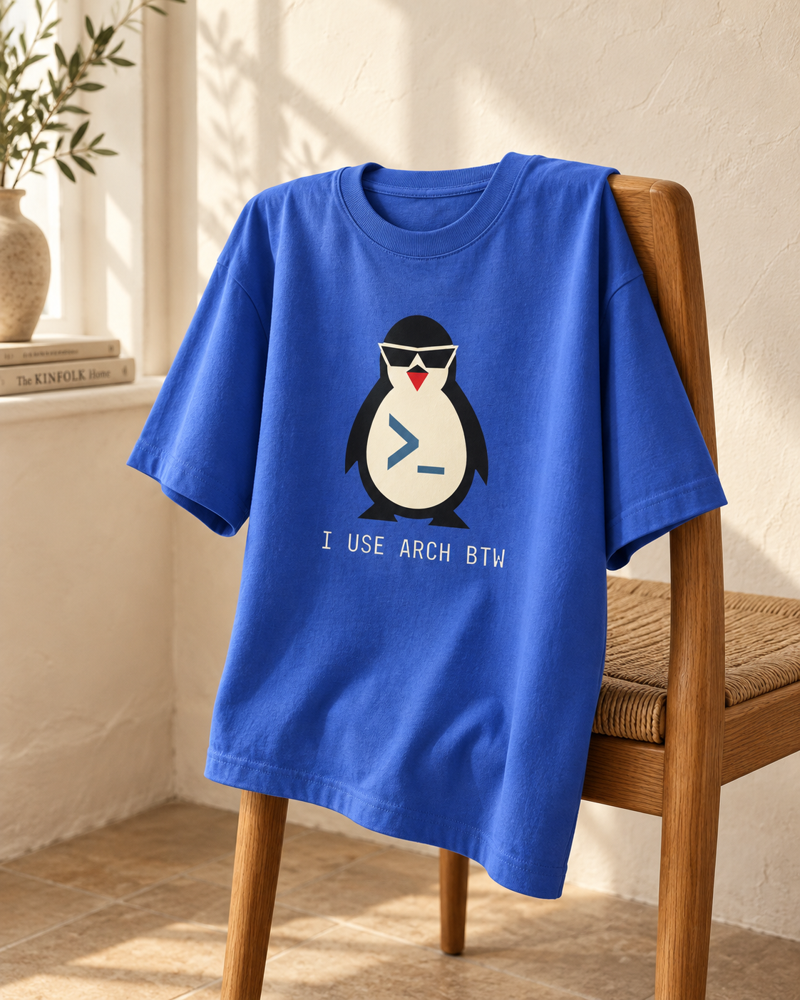 Arch tee draped over a wooden chair, editorial mockup