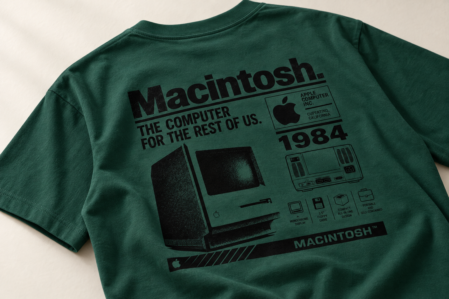 Macintosh back print on cream tabletop, editorial mockup