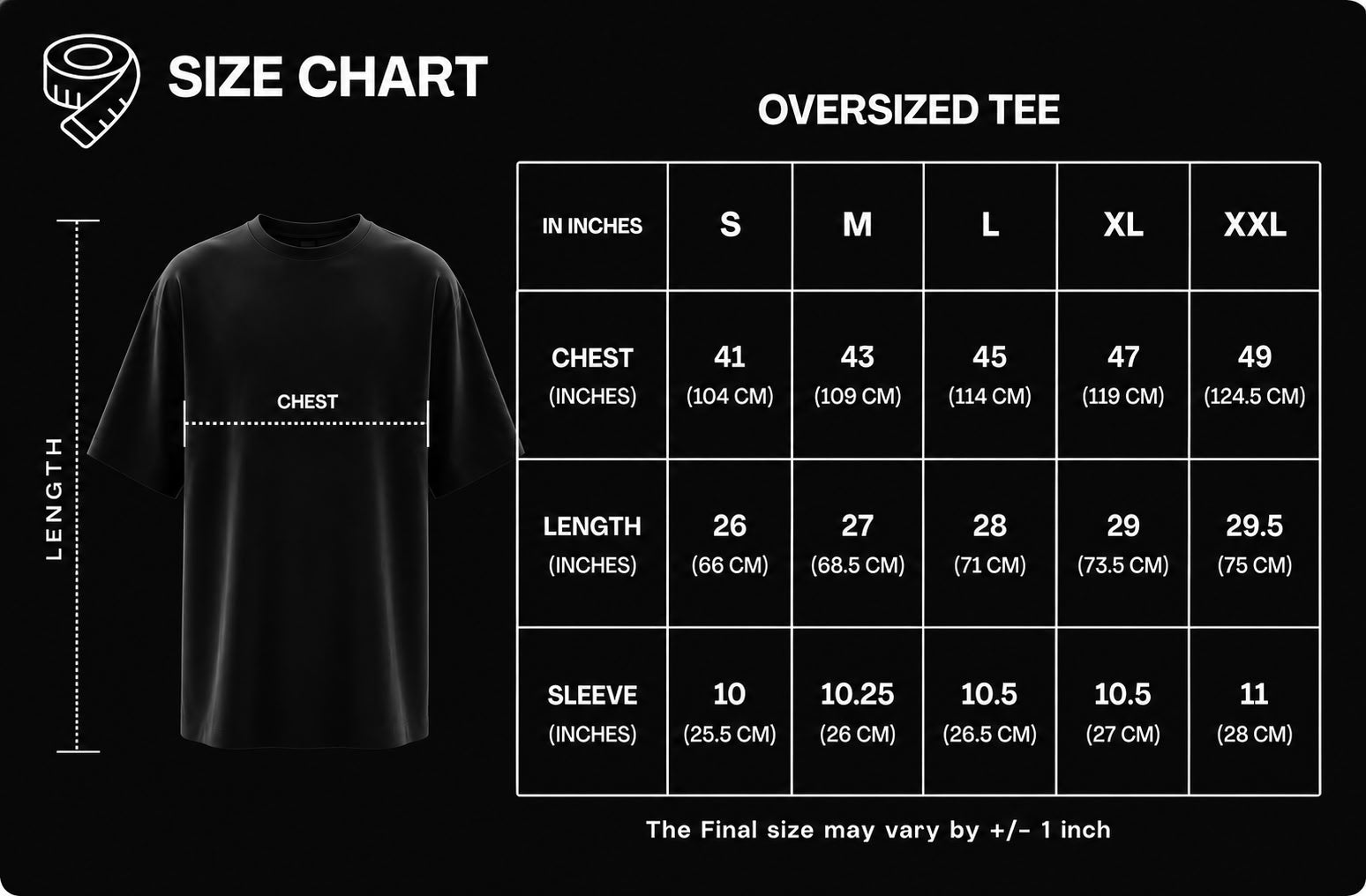 Oversized tee size chart showing chest, length, and sleeve measurements for S, M, L, XL, and XXL